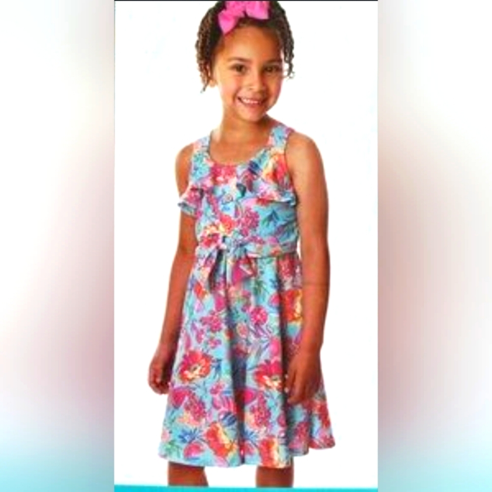 Jona Michelle KIDS Multi Colars Blue and Pink Off-the-Shoulder Sundress